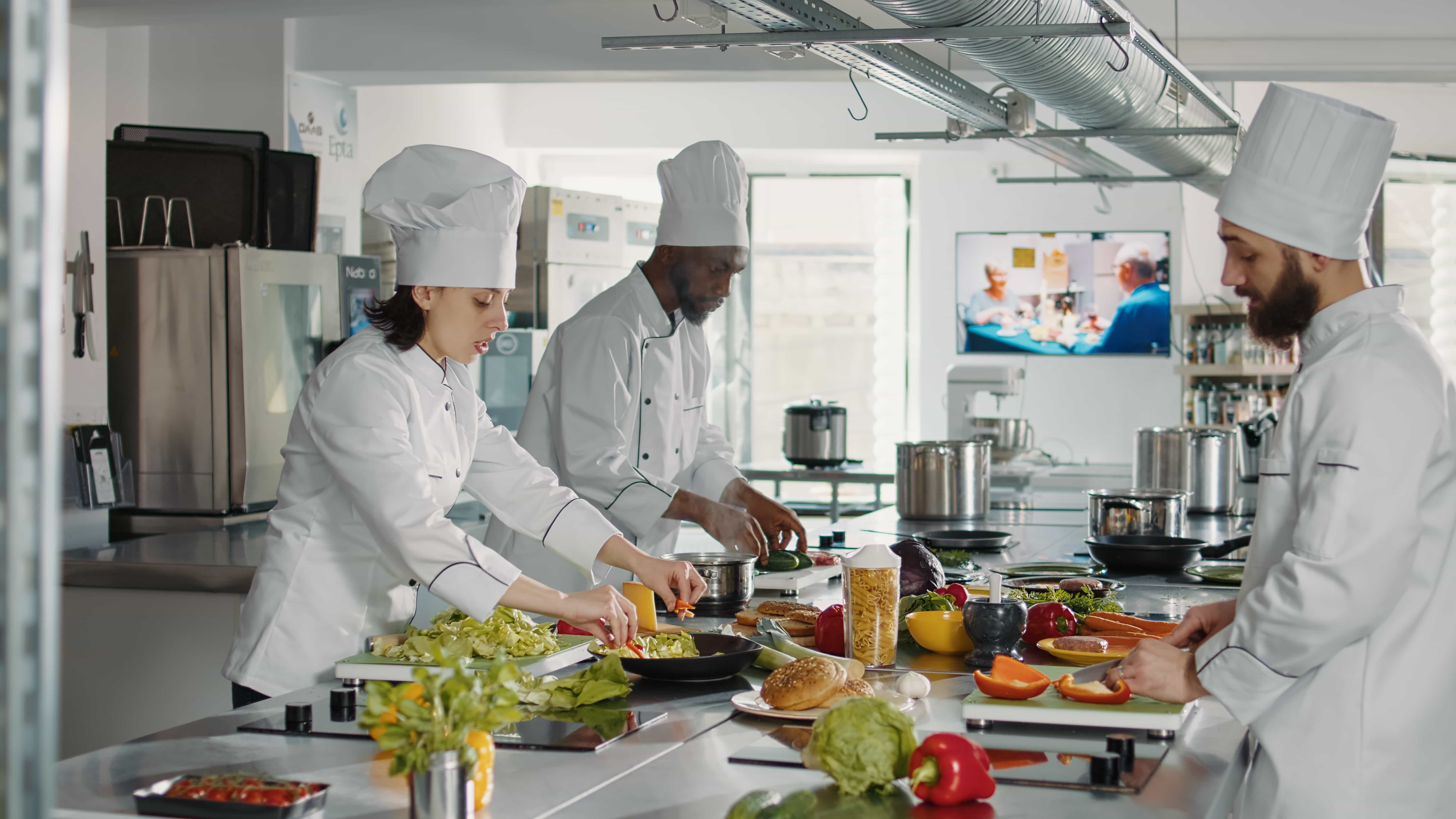 grupo de chefs preparan diversos platillos para el servicio de comedor de una empresa